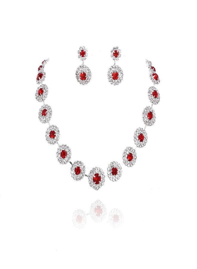 Aularso Rhinestone Bridal Wedding Set Crystal Necklace and Earrings Set Choker Necklace Bridal Wedding Jewelry Set for Women (Red) - Image 1