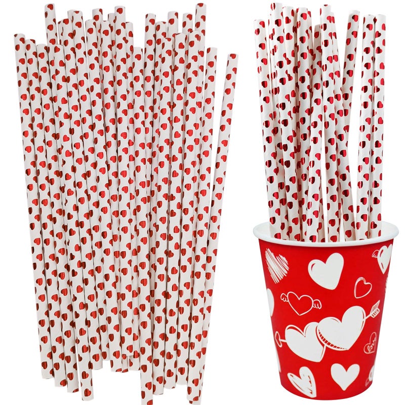 EaciTown 50 Pcs Heart Shape Straws Foil Valentine's Day Heart Paper Straws Drinking Straws For Birthday Party Wedding Party Favors - Image 1