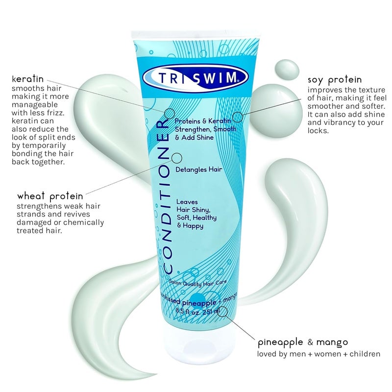 TRISWIM Swim Conditioner 8.5oz | Hydrates, Strengthens & Smooths Hair | Repairs Damage from Chlorine, Bromine & Saltwater | Protein & Keratin Formula | Sunkissed Pineapple + Mango Scent - Image 2