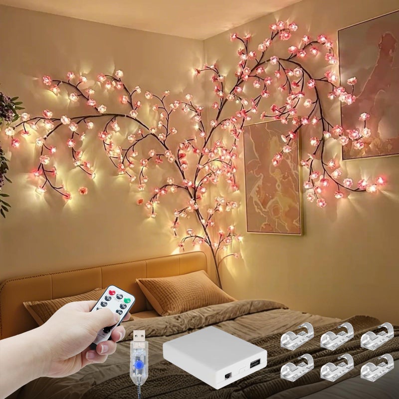 FNHMSL Cherry Enchanted Willow Vine Lights 755FT 144LED Pink Cherry Blossom Tree Branch Lights for Wall Remote Timer8 Light ModelBedroom Wall Doors Wedding Christmas USB Battery Box
