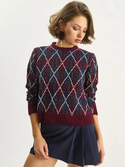 Bianco Lucci LUCCI Women’s Crew Neck Knitted Sweater with Diamond Pattern