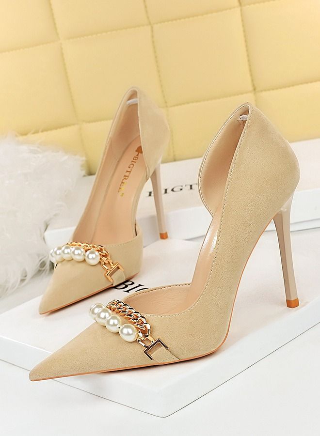 BIGTREE Pointed Pearl Metal Chain High Heels 11CM Beige - Image 1
