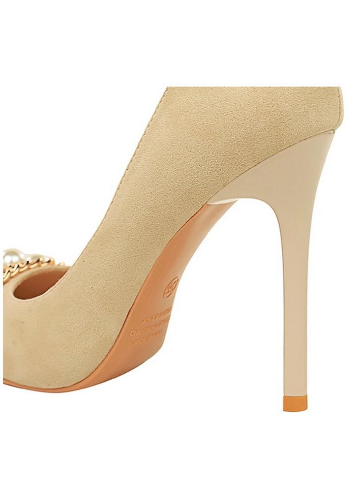 BIGTREE Pointed Pearl Metal Chain High Heels 11CM Beige - Image 2