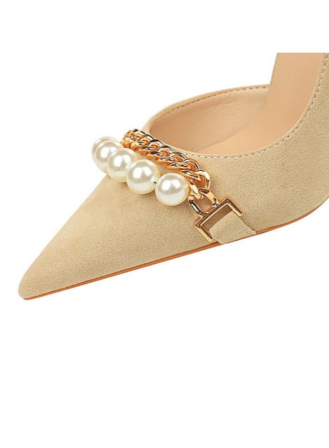 BIGTREE Pointed Pearl Metal Chain High Heels 11CM Beige - Image 3