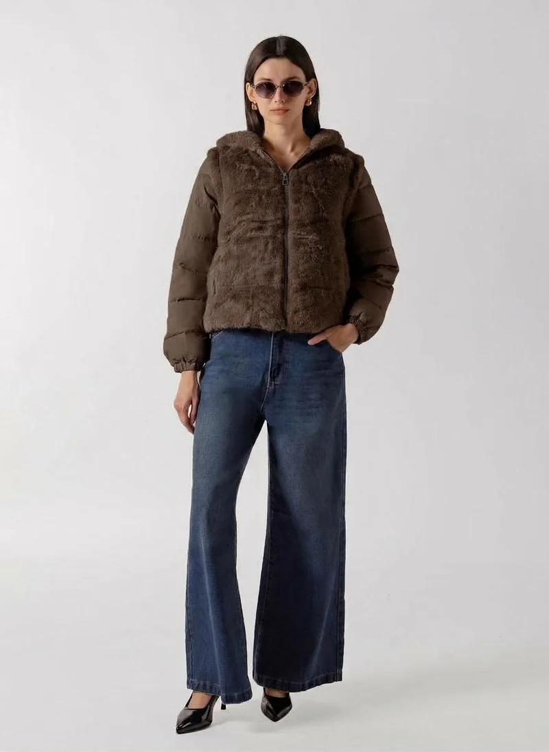 Shapes BROWN FAUX FUR PANEL PUFFER for Women | Best Price UAE