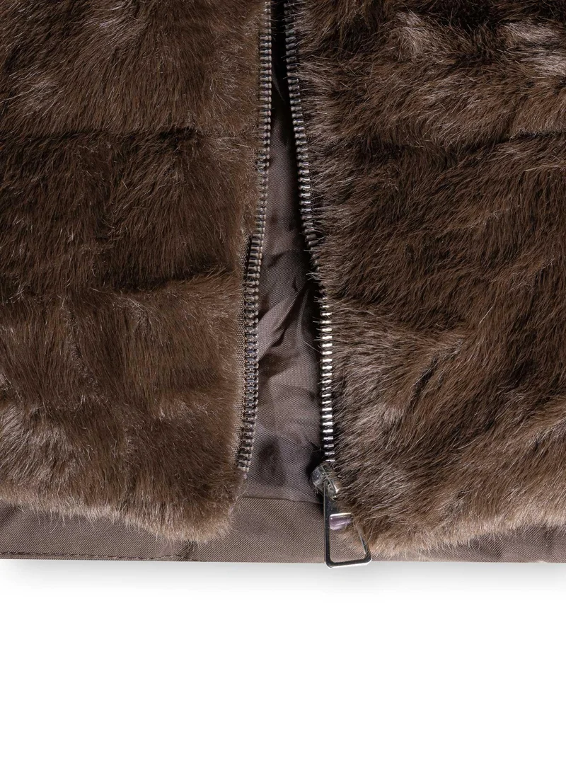 Shapes BROWN FAUX FUR PANEL PUFFER for Women | Best Price UAE