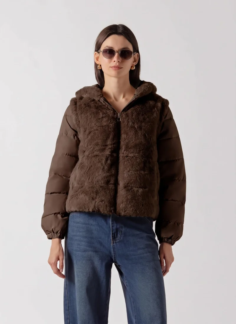 FAUX FUR PANEL PUFFER