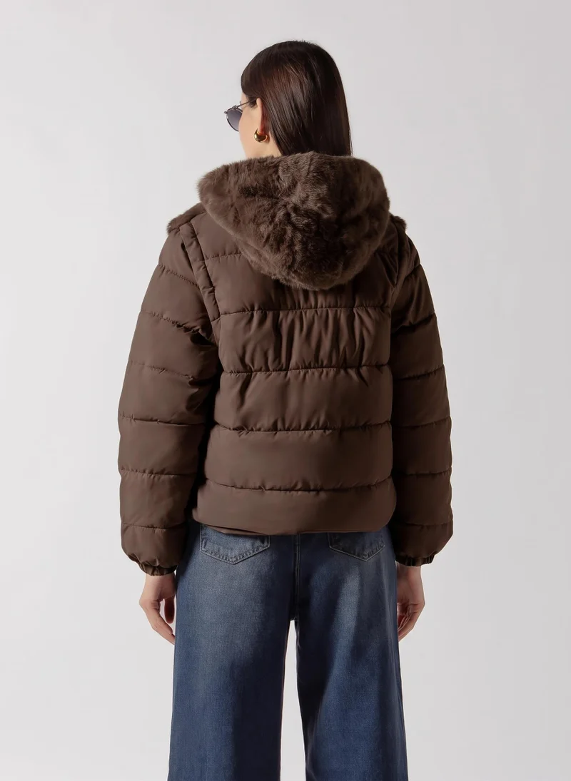 Shapes BROWN FAUX FUR PANEL PUFFER for Women | Best Price UAE
