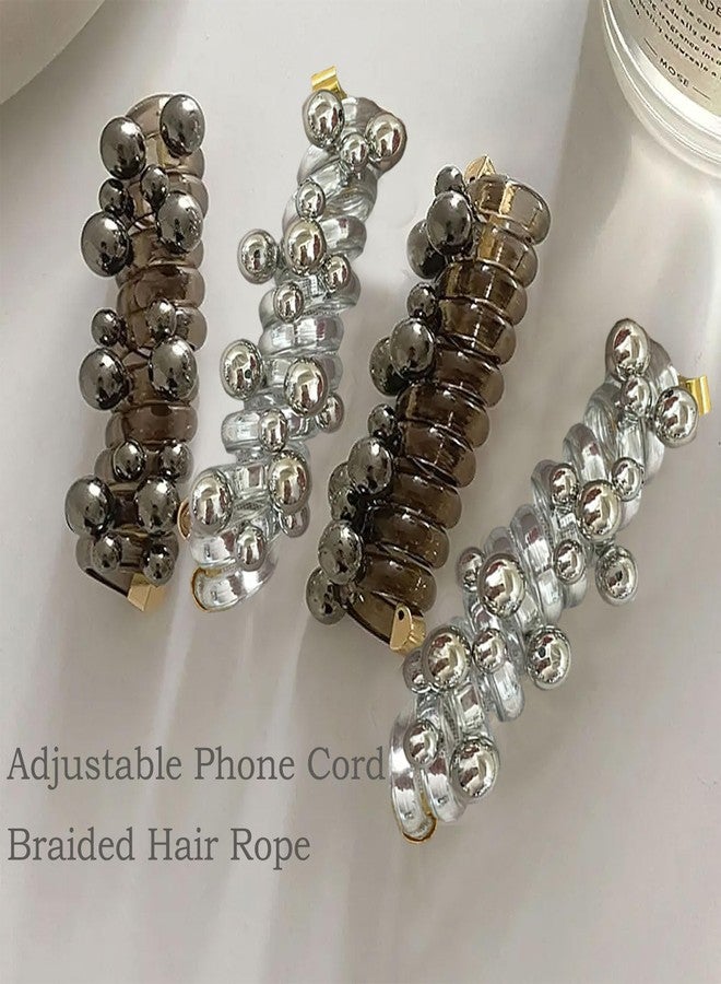 Ylapagne ربطات شعر حلزونية مضفرة باللؤلؤ على شكل هاتف، لون فضي كاري، ربطات شعر مطاطية على شكل ذيل حصان، ربطات شعر فقاعية، ربطات شعر مضفرة، ربطات شعر على شكل حبل هاتف، إكسسوارات شعر للنساء (6 قطع) - Image 4