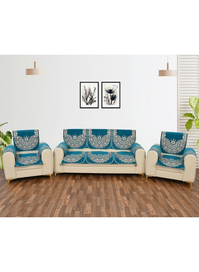 SAWNA HOMES 5 Seater Printed Sofa Cover Set With Arm Covers | Velvet Chenille Back Slip Panels for 3,1,1 Seater | Anti-Slip Washable Protectors for Living Room (12 Pcs, Sky Blue) - Image 1