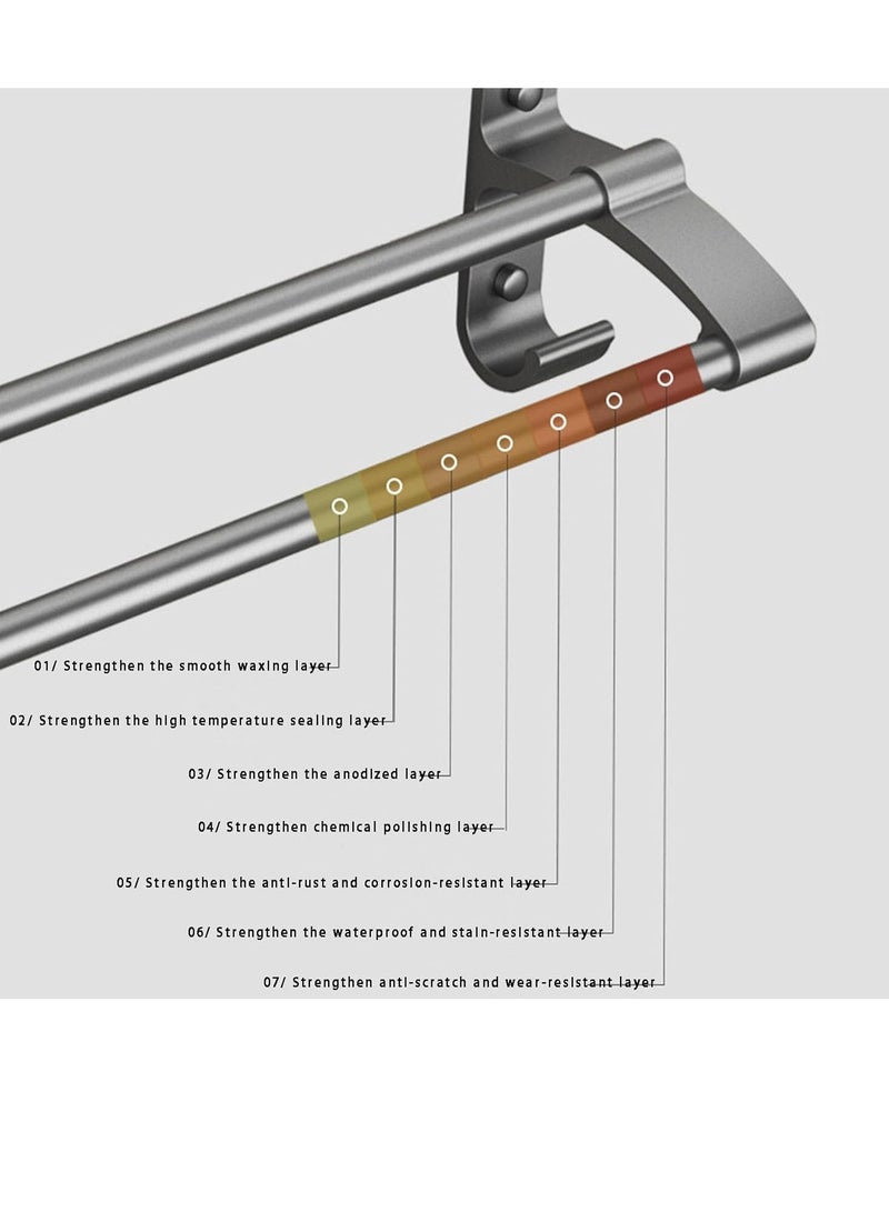Flushrenic Wall Mounted Towel Hanger，Self Adhesive Towel Bar，Bathroom Accessories，2 Tier Double Rod Towel Shelf Storage with 2 Hooks,Towel Rail Hanger for Bathroom Wall - Image 5