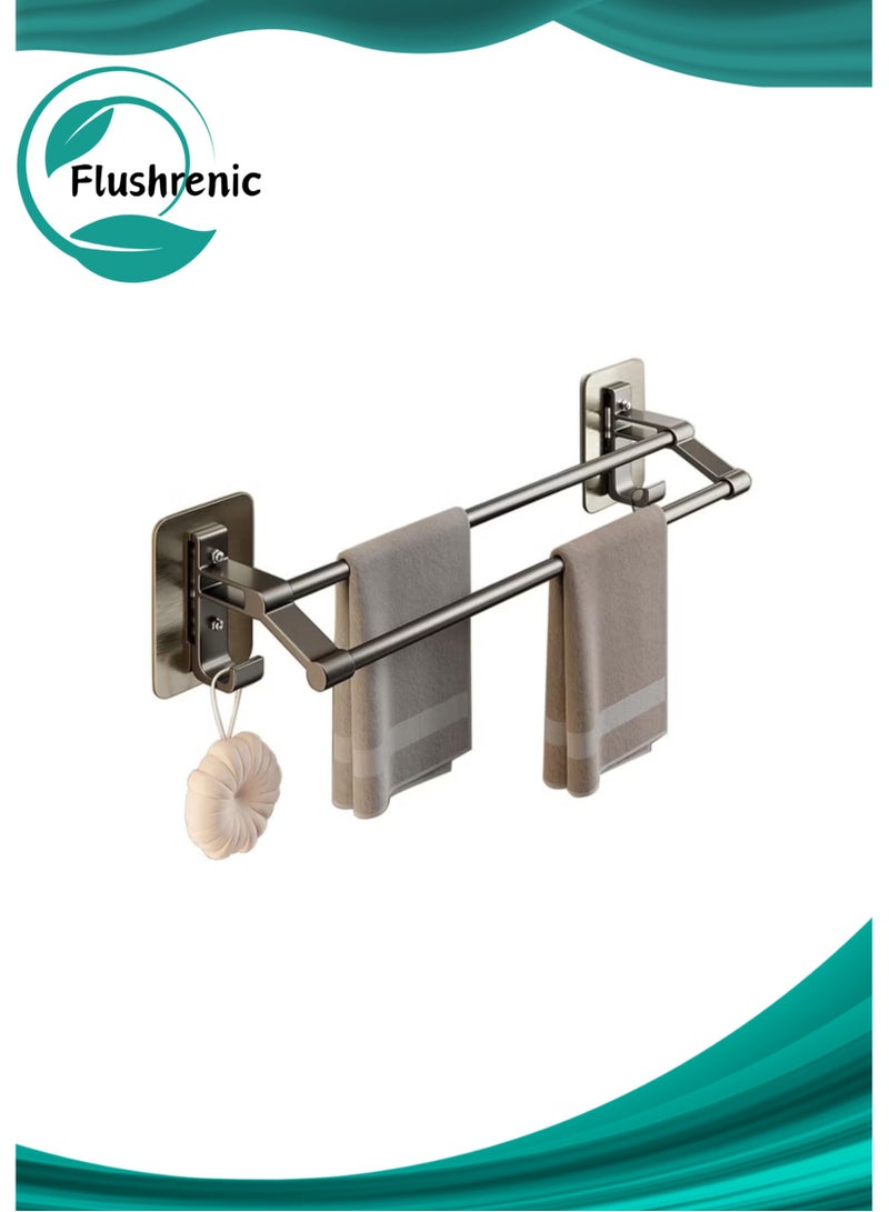Flushrenic Wall Mounted Towel Hanger，Self Adhesive Towel Bar，Bathroom Accessories，2 Tier Double Rod Towel Shelf Storage with 2 Hooks,Towel Rail Hanger for Bathroom Wall - Image 1