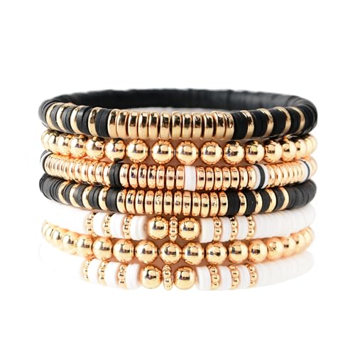 GOOJIDS Black Surfer Heishi Clay Bead Bracelets for Women Bohemian Stackable Gold Plated Beaded Stretch Bracelets Elastic Layering Friendship Bracelets Set Jewelry Gift - Image 1