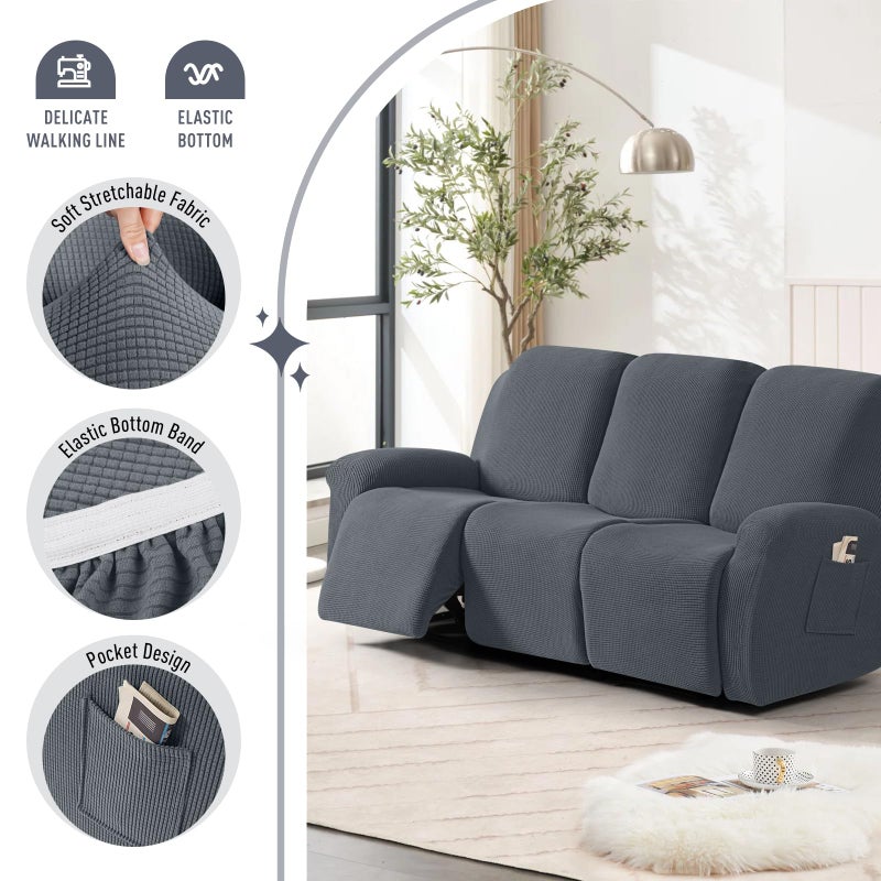 TAOCOCO Recliner Sofa Covers 8-Pieces Stretch Large Couch Covers for 3 Seats Reclining Slipcovers Soft Jacquard Pattern Furniture Protector (Grey) - Image 3