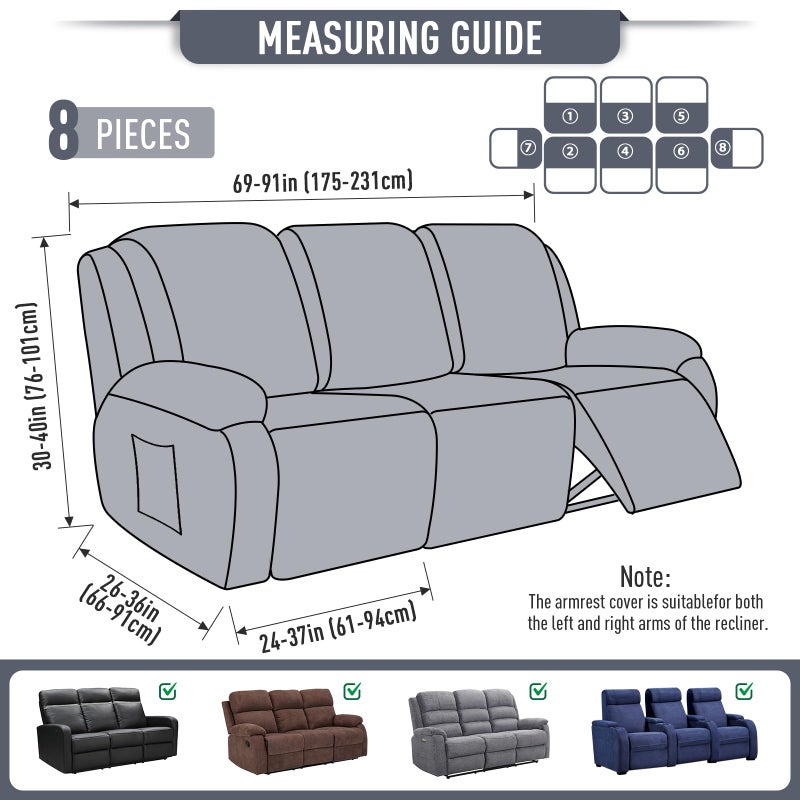 TAOCOCO Recliner Sofa Covers 8-Pieces Stretch Large Couch Covers for 3 Seats Reclining Slipcovers Soft Jacquard Pattern Furniture Protector (Grey) - Image 5