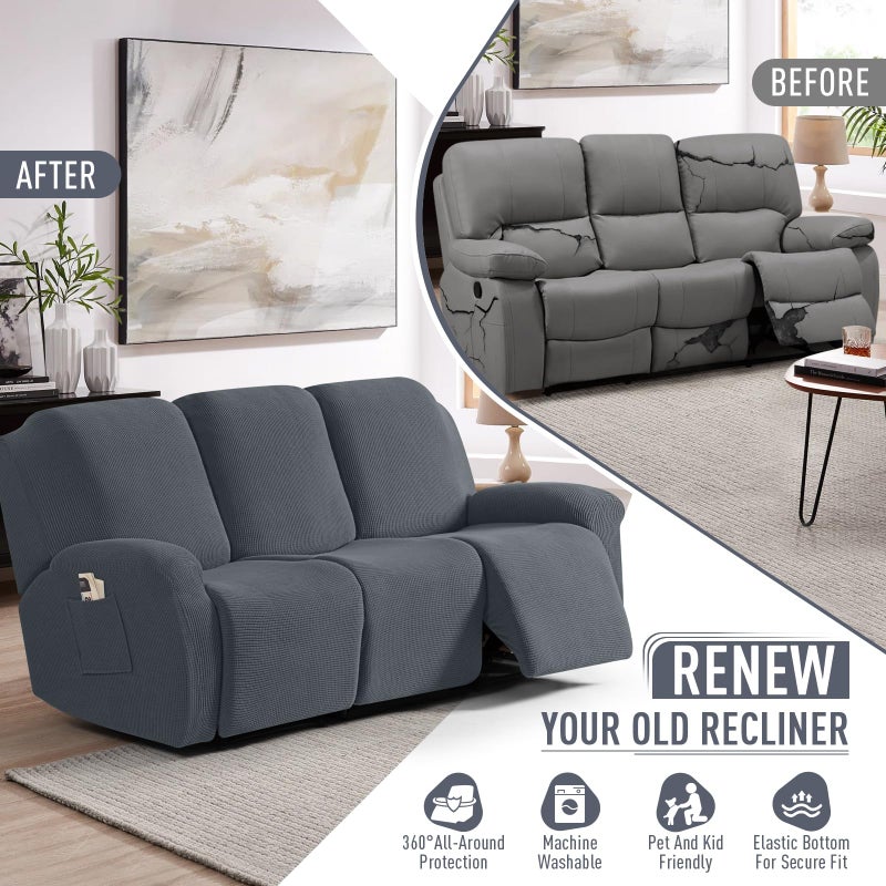 TAOCOCO Recliner Sofa Covers 8-Pieces Stretch Large Couch Covers for 3 Seats Reclining Slipcovers Soft Jacquard Pattern Furniture Protector (Grey) - Image 4