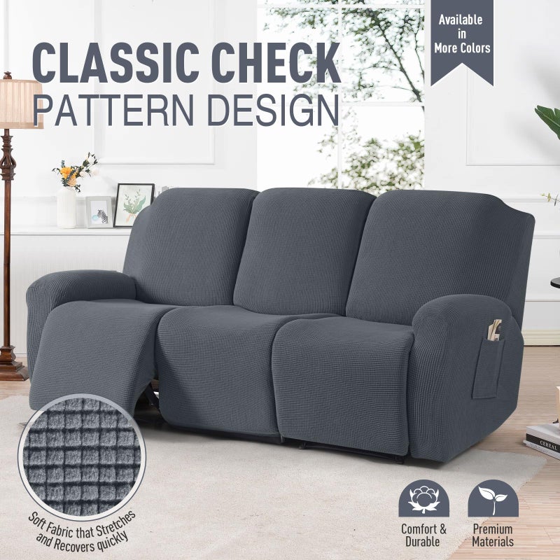 TAOCOCO Recliner Sofa Covers 8-Pieces Stretch Large Couch Covers for 3 Seats Reclining Slipcovers Soft Jacquard Pattern Furniture Protector (Grey) - Image 2