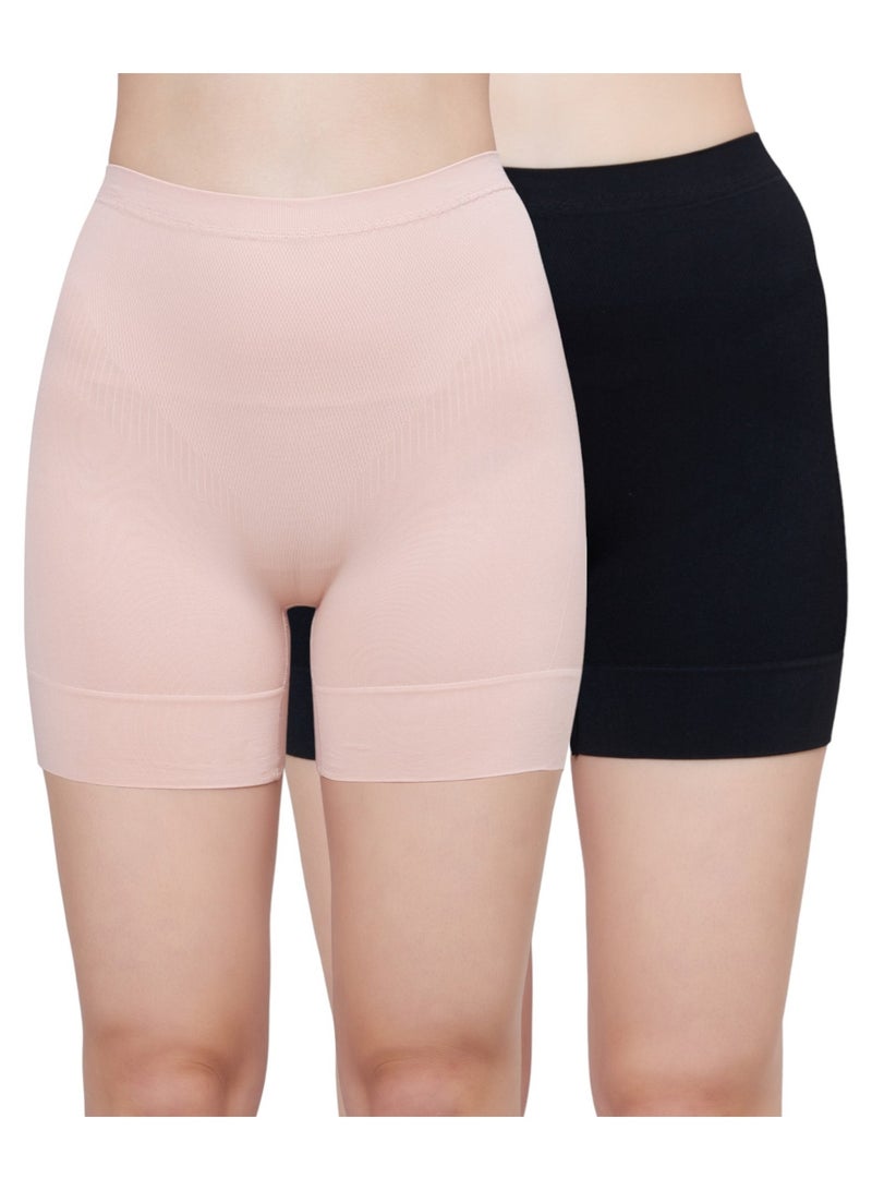 Glamroot Seamless High Waist Tummy Control Shapewear Boyshort Panty, Size M -XXL, Black/Beige (Pack Of 2) - Image 1