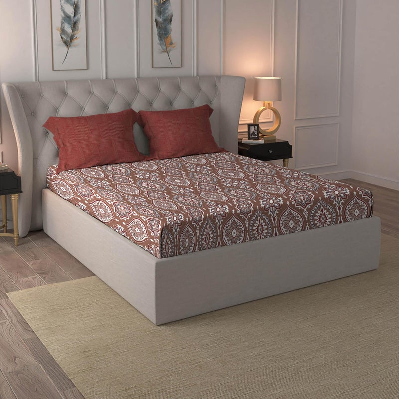MYTRIDENT Trident Comfort Living Queen Sheet Set, 100% Cotton Bed Sheets for Double Bed, 3-Piece Set, 1 Bedsheet and 2 Pillowcases, Soft & Smooth 120 Thread Count, Queen Size Sheet, Ajrakh Red - Image 1