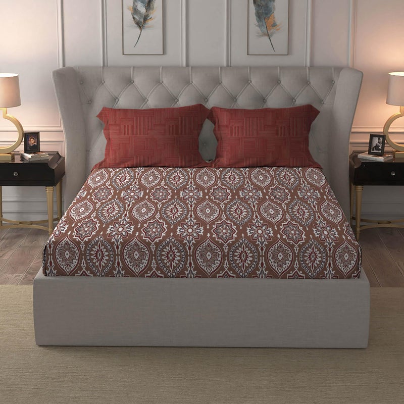 MYTRIDENT Trident Comfort Living Queen Sheet Set, 100% Cotton Bed Sheets for Double Bed, 3-Piece Set, 1 Bedsheet and 2 Pillowcases, Soft & Smooth 120 Thread Count, Queen Size Sheet, Ajrakh Red - Image 2