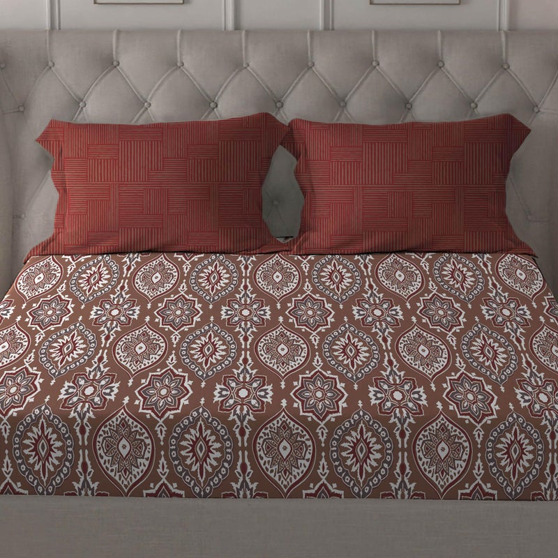 MYTRIDENT Trident Comfort Living Queen Sheet Set, 100% Cotton Bed Sheets for Double Bed, 3-Piece Set, 1 Bedsheet and 2 Pillowcases, Soft & Smooth 120 Thread Count, Queen Size Sheet, Ajrakh Red - Image 4