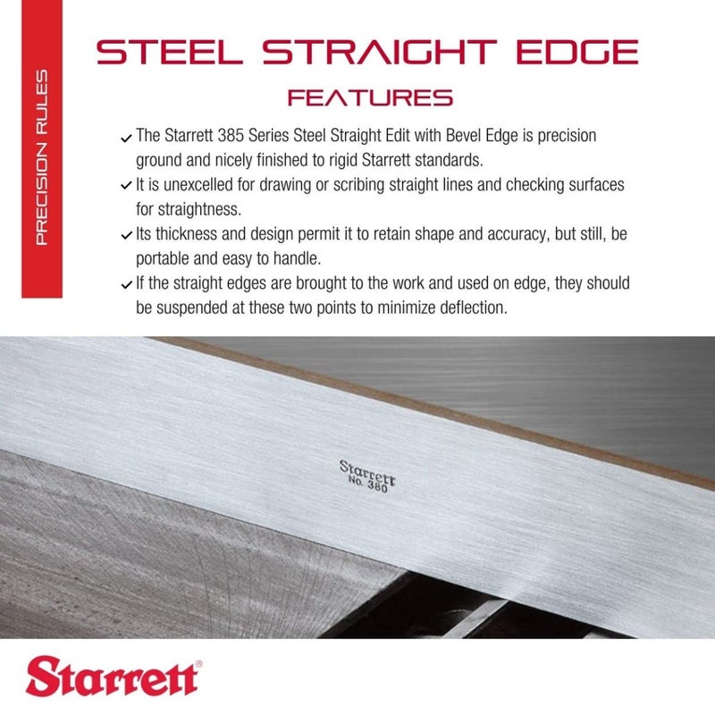 Starrett Steel Straight Edge with Bevel Edge, Not Graduated - Quick Reading, 12" Length, 11/64" Thickness, 1-13/32" Width, +/- .0002" per Foot Accuracy - 385-12 - Image 2