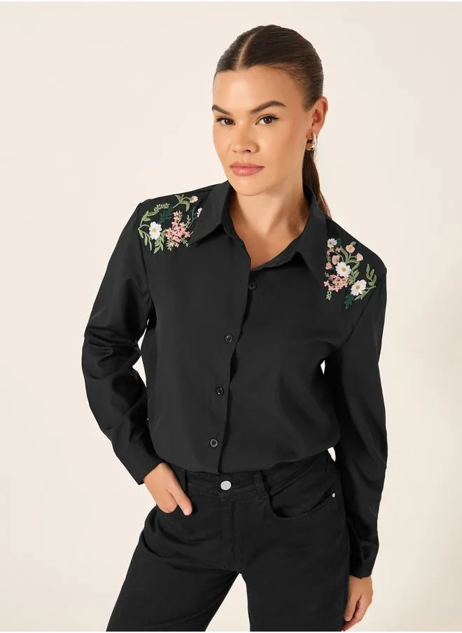 تايك تو Take Two Floral Embroidered Button Front Long Sleeve Shirt