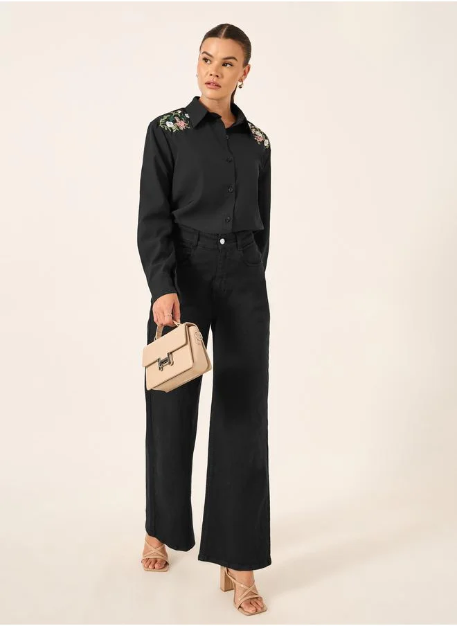 تايك تو Take Two Floral Embroidered Button Front Long Sleeve Shirt