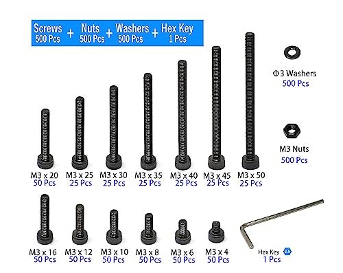 iexcell 1500 Pcs M3 x 4/6/8/10/12/16/20/25/30/35/40/45/50 Alloy Steel 12.9 Grade Hex Socket Head Cap Screws Bolts Nuts Washers Assortment Kit, Black Oxide Finish - Image 3