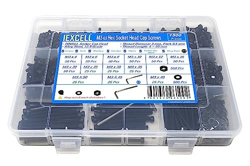 iexcell 1500 Pcs M3 x 4/6/8/10/12/16/20/25/30/35/40/45/50 Alloy Steel 12.9 Grade Hex Socket Head Cap Screws Bolts Nuts Washers Assortment Kit, Black Oxide Finish - Image 1