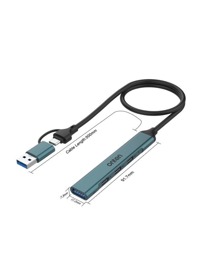أونتن موزع ONTEN OTN-UCA9703S (بمنفذي USB-C وUSB-A وأربعة منافذ إجمالاً)، محول OTG بمنفذ Type-C وUSB 3.0، يدعم نقل البيانات بسرعة عالية تصل إلى 5 جيجابت في الثانية، يدعم خاصية التوصيل والتشغيل (Plug & Play)، يتميز بتصميم مدمج من سبائك الألومنيوم؛ متوافق مع أجهزة الكمبيوتر المحمول والهواتف الذكية والأجهزة اللوحية وأجهزة USB-C والملحقات الطرفية. - Image 1