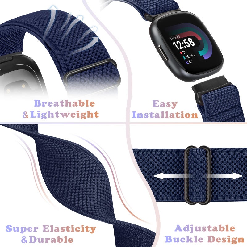 Bcuckood Compatible with Fitbit Versa 4/Versa 3/Sense 2/Sense Band Women Men, 5 Pack Elastic Nylon Soft Adjustable Stretchy Solo Loop Replacement Strap for Women Men - Image 3