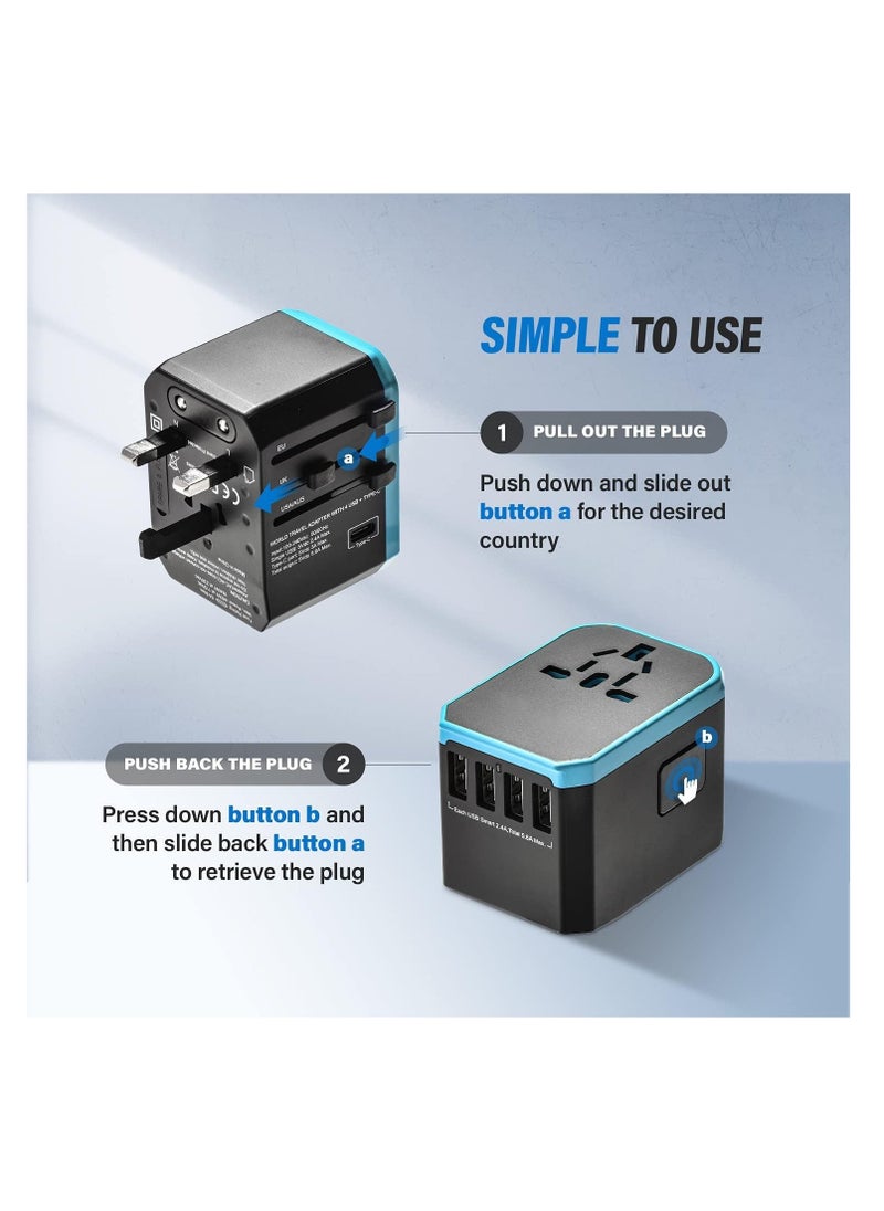 Universal Travel Adapter, International Plug Adapter, 5.6A Smart Power 3.0A 4 USB 1 Type C, Power Adapter Travel Cha rger, Outlet Converter Worldwide (Type C/G/A/I) - Image 2