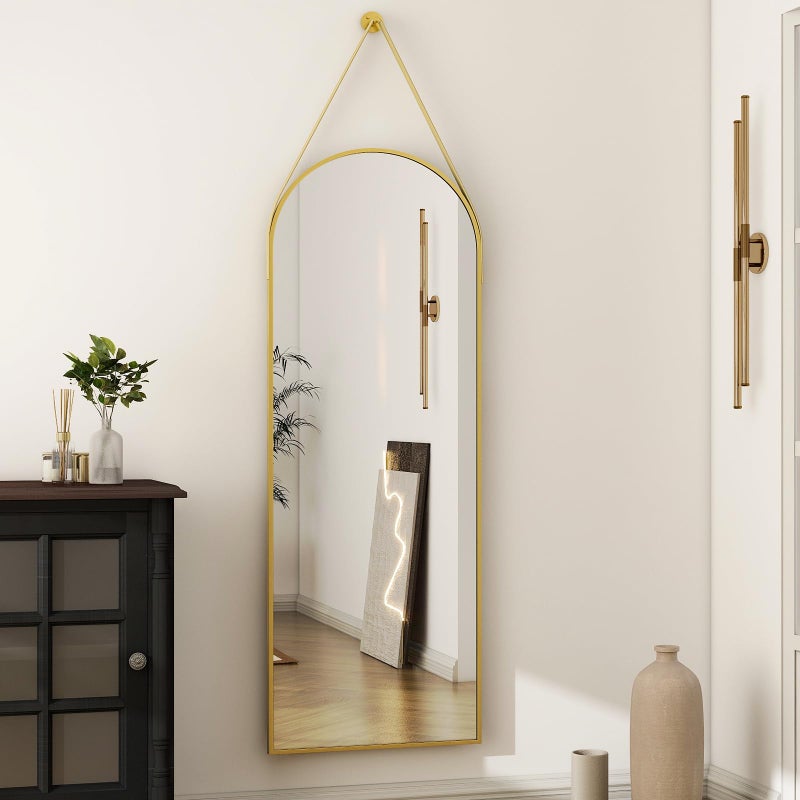 HARRITPURE 16x48Arched Mirror with Hanging Leather Strap Full Length Mirror Aluminum Frame WallMounted Arch Mirror Hanging Mirrors for Bathroom Vanity Living Room Bedroom Entryway Gold