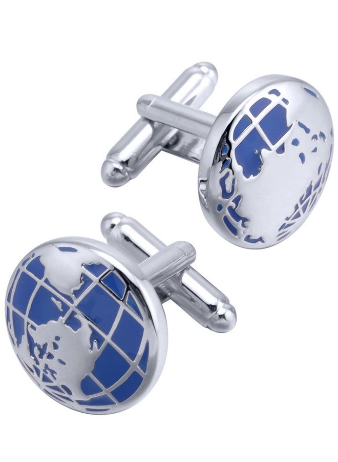 Jonwo World Map Unique Cufflinks For Men Classic Round Blue Globe Earth Cufflinks In Gift Case For Wedding Business French Cuff Shirt - Image 1