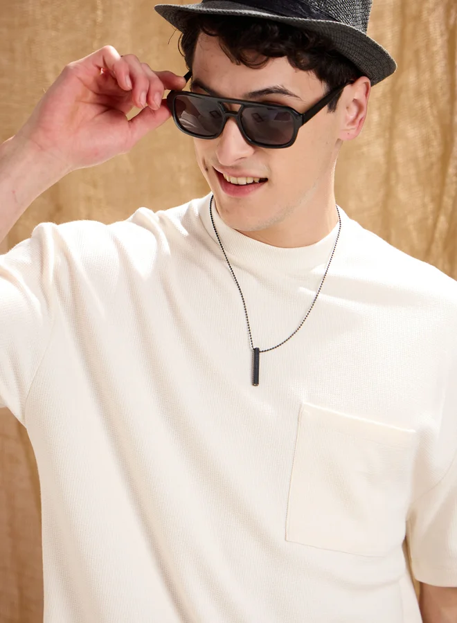 SASSAFRAS Sassafras White Waffle Knit Front Pocket Oversized T-Shirt