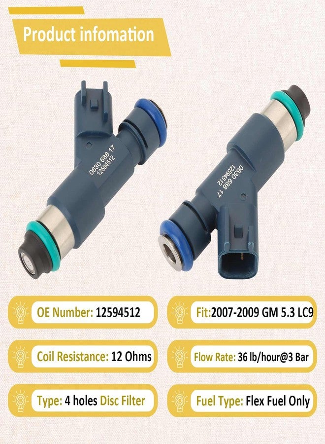 حاقنات وقود مرنة GM12594512 أصلية سعة 5.3 لتر، متوافقة مع سيارات شيفروليه تاهو سيلفرادو 1500 أفالانش إكسبريس سعة 5.3 لتر، ومتوافقة أيضًا مع سيارات جي إم سي يوكون سييرا موديلات 2007 و2008 و2009 | محرك 5.3 لتر مرن LMG | 4 فتحات | مجموعة من 8 حاقنات - Image 3