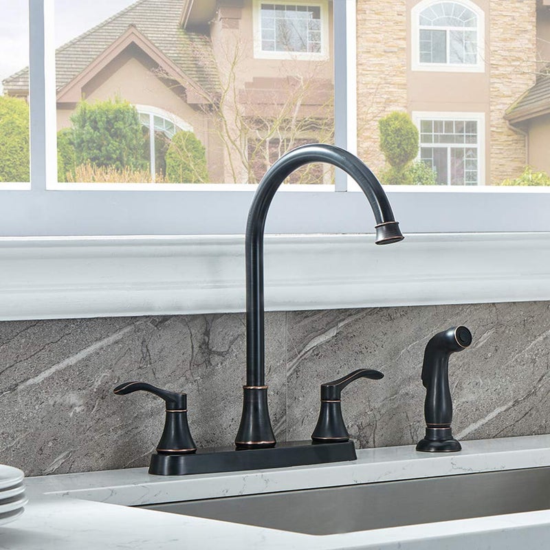 VALISY 3 Hole or 4 Hole 2 Handle Kitchen Faucet with Side Sprayer, Commercial Lead-Free Oil Rubbed Bronze Kitchen Sink Faucets for Rv Sinks with High-Arc Spout & Side Sprayer, VADR0004H - Image 2