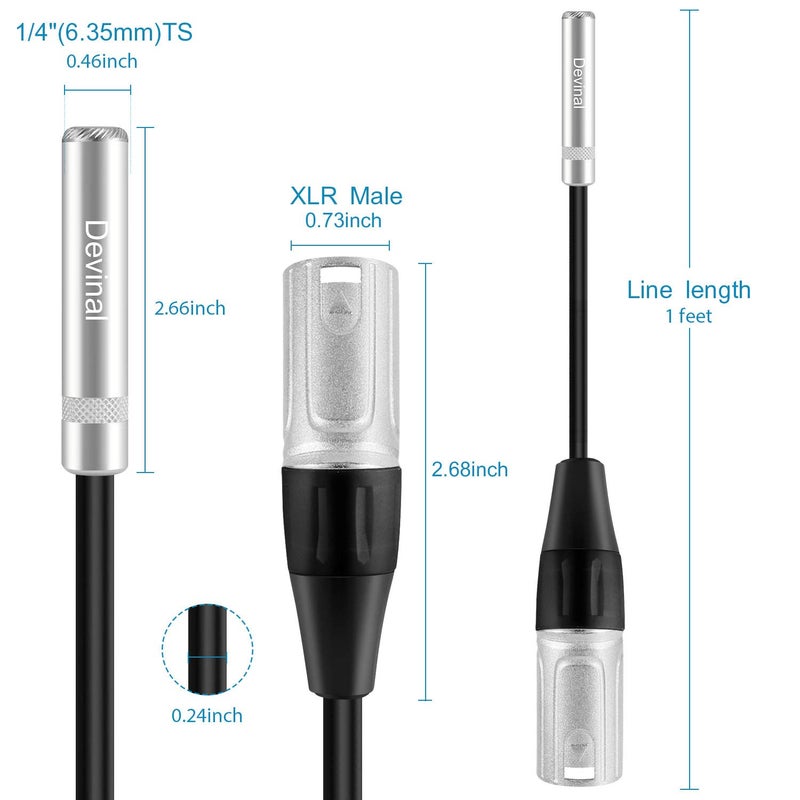 Devinal XLR Male to 1/4" Female calbe, 3 Pin Male to 6.35mm Socket Audio Cord, XLR Plug to TS/TRS Quarter inch Adapter Connector Converter Metal Construction 1 feet (30 cm) - Image 2