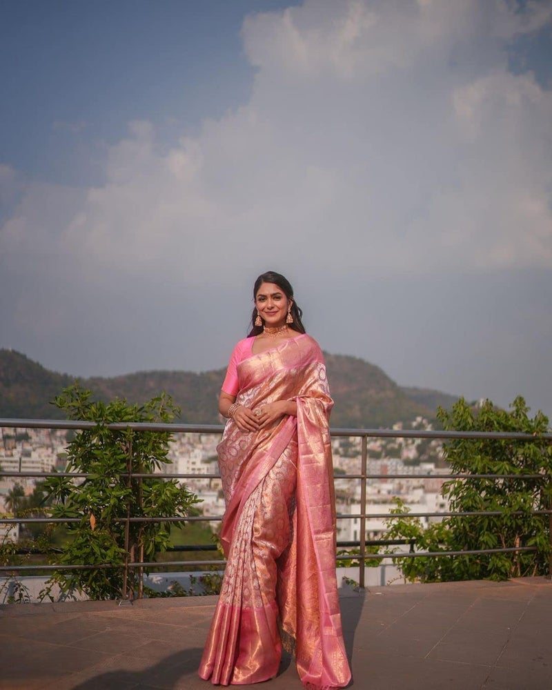 SGF11- Women's Kanjivaram Pure Zari Woven Soft Silk Saree With Blouse Piece (Orange Pink) - Image 3