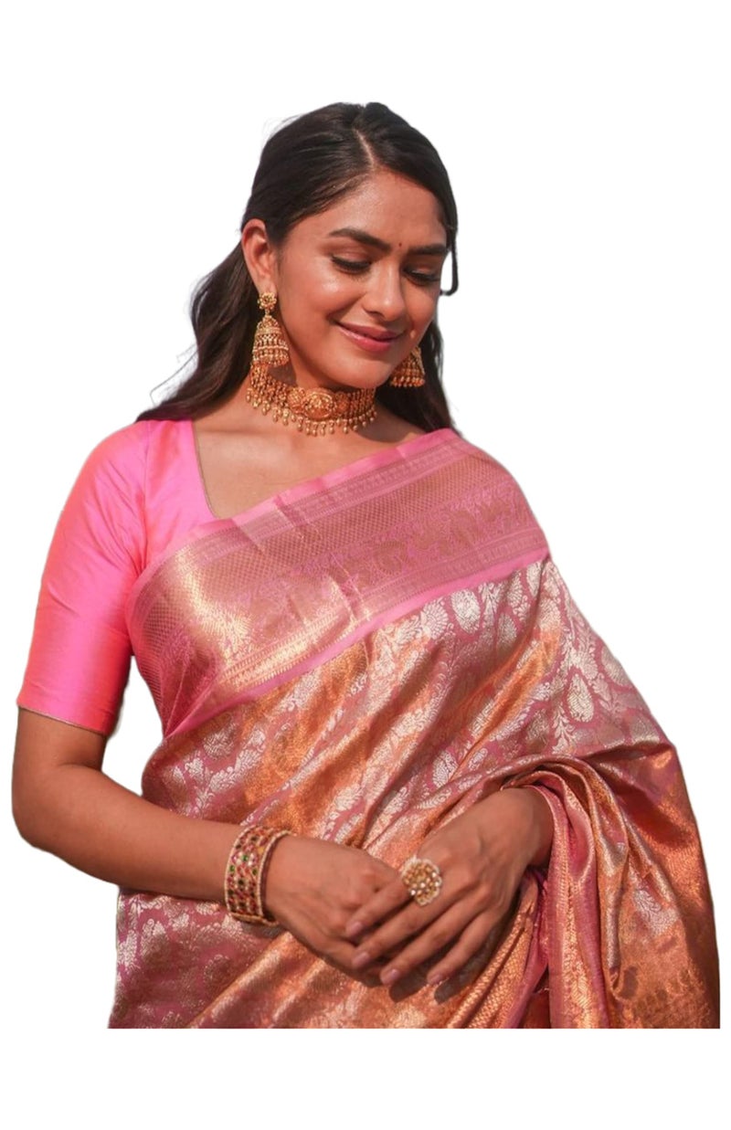SGF11- Women's Kanjivaram Pure Zari Woven Soft Silk Saree With Blouse Piece (Orange Pink) - Image 1