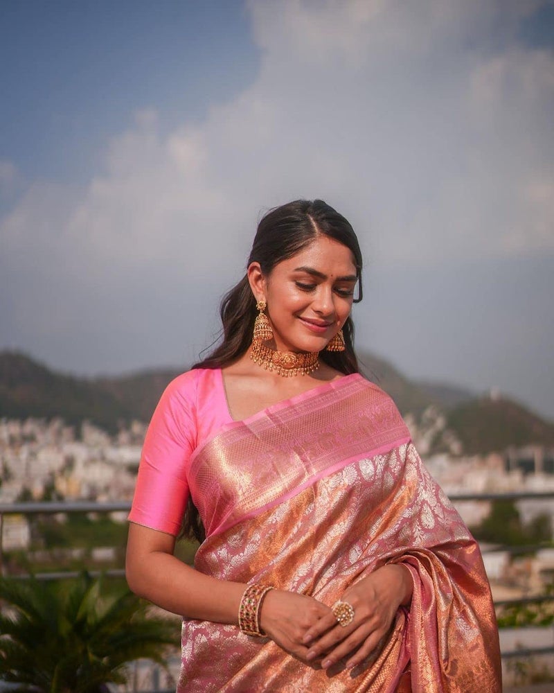 SGF11- Women's Kanjivaram Pure Zari Woven Soft Silk Saree With Blouse Piece (Orange Pink) - Image 2