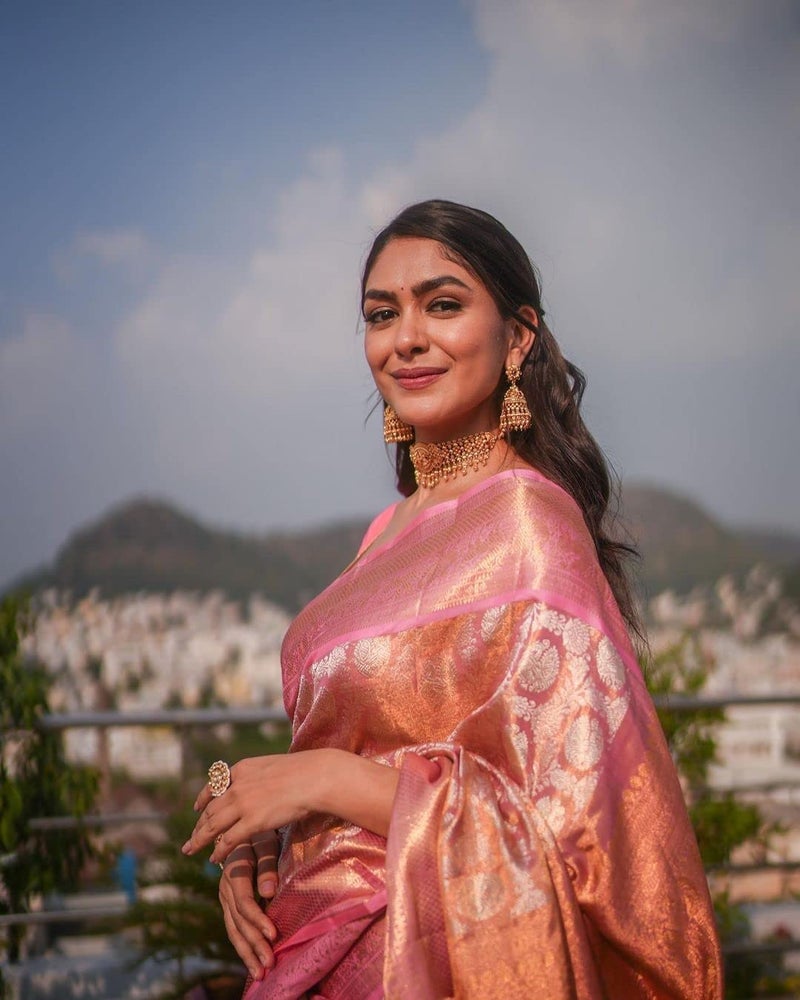 SGF11- Women's Kanjivaram Pure Zari Woven Soft Silk Saree With Blouse Piece (Orange Pink) - Image 4