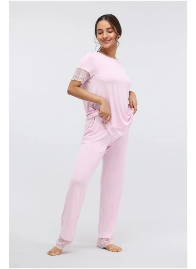 نسيسير Soft Pink Lace Modal Pajama Set