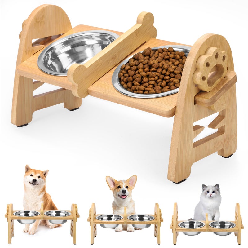 MCEAST Elevated Cat Bowls Adjustable Raised Dog Bowls Stand with 2 Pieces 304 Stainless Steel Bowls Bamboo Pet Elevated Bowl Cat Feeder for Newborn Cats Dogs Pets from 44 to 11 Pounds - Image 2