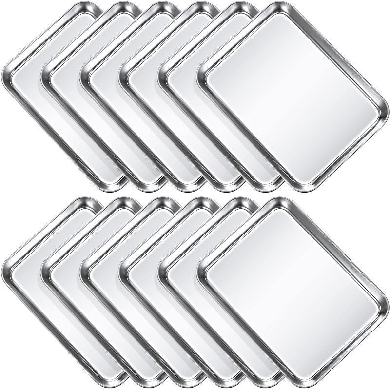 Potchen 12 Pcs Baking Sheet Pan Set Stainless Steel Cookie Sheet Small Toaster Oven Pans Tray Barbecue Grill Pan Rectangle Trays Oven Freezer Bakery, Non-stick, Easy Clean, 9 x 6.7 x 1 Inches - Image 1