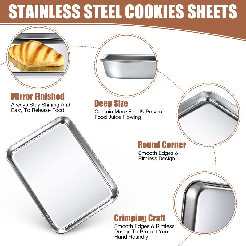Potchen 12 Pcs Baking Sheet Pan Set Stainless Steel Cookie Sheet Small Toaster Oven Pans Tray Barbecue Grill Pan Rectangle Trays Oven Freezer Bakery, Non-stick, Easy Clean, 9 x 6.7 x 1 Inches - Image 3