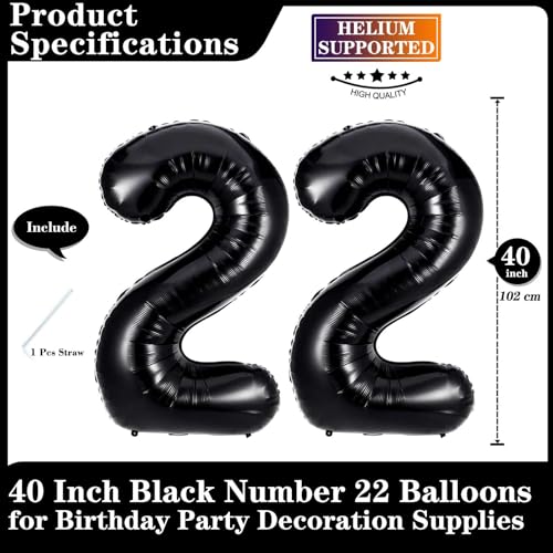 Lovoir Black 22 Number Balloons 40 Inch Giant Number 22 Balloons Foil Mylar Helium Black Number Balloons for 22th Birthday Party Supplies Anniversary Event Celebration Decorations - Image 5