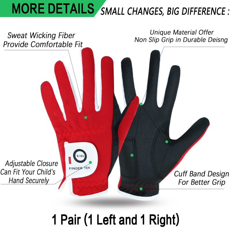 FINGER TEN Golf Gloves for Kids Boys Girls Both Left Right Hand Value 1 Pair, Toddler Junior Youth Golf Glove White Green Black (Red, Medium) - Image 2
