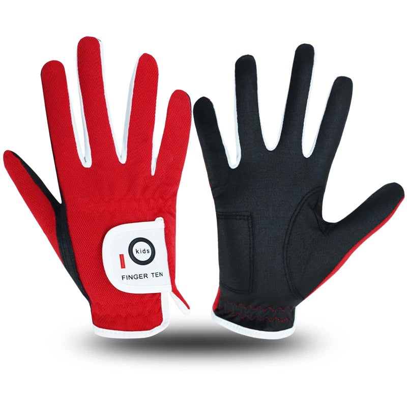 FINGER TEN Golf Gloves for Kids Boys Girls Both Left Right Hand Value 1 Pair, Toddler Junior Youth Golf Glove White Green Black (Red, Medium) - Image 1
